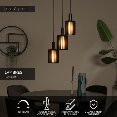 Lucide LAMBRES - Hanglamp - 3xE27 - Zwart